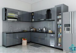 Tủ bếp MDF Acrylic màu xám tro bóng gương