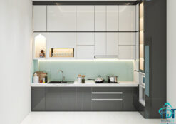 Tủ bếp gỗ công nghiệp màu trắng xám hiện đại