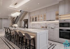 Tủ bếp tân cổ điển sơn trắng sang trọng