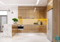 Tủ bếp MDF Acrylic phối vân gỗ vàng