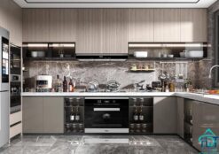 Tủ bếp MDF Laminate màu ghi sáng hiện đại