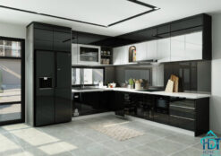 Tủ bếp MDF phủ Acrylic trắng đen