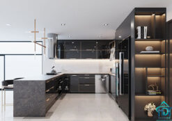 Tủ bếp MDF phủ Melamine kết hợp kính màu