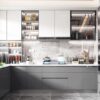 Tủ bếp MDF sơn bệt trắng xám hiện đại