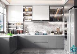 Tủ bếp MDF sơn bệt trắng xám hiện đại